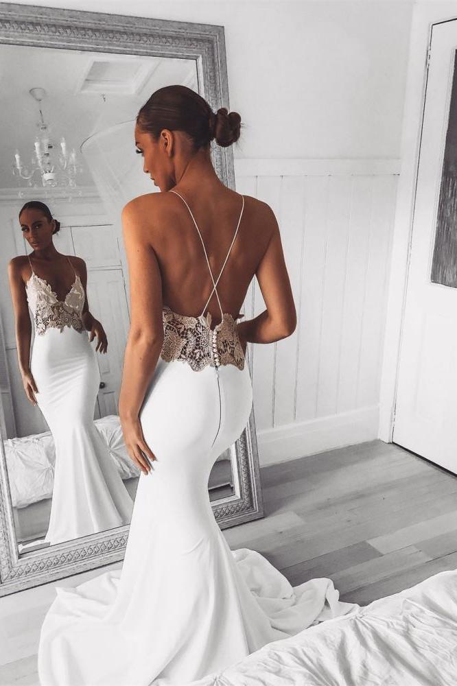 Modern V Neck Lace Spaghetti Strap Mermaid Wedding Dress Open Back Bridal Gown-Ballbella