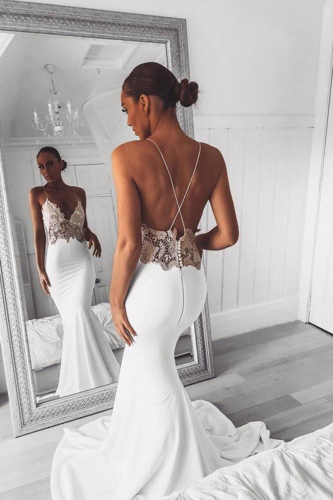 Modern V Neck Lace Spaghetti Strap Mermaid Wedding Dress Open Back Bridal Gown-Ballbella