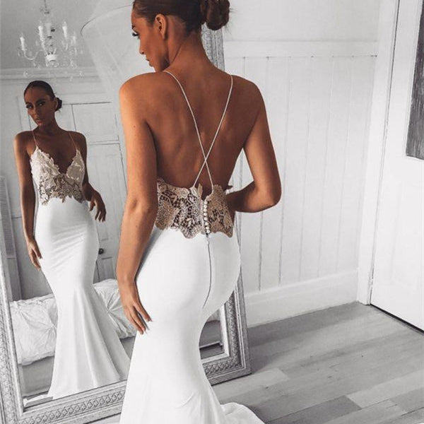 Modern V Neck Lace Spaghetti Strap Mermaid Wedding Dress Open Back