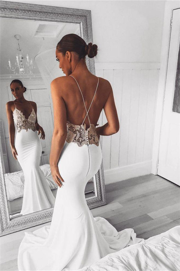 Modern V Neck Lace Spaghetti Strap Mermaid Wedding Dress Open Back Bridal Gown-Ballbella