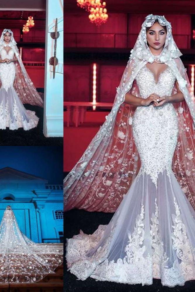 Modern V neck Long Wedding Dress with See through Long Train-Ballbella