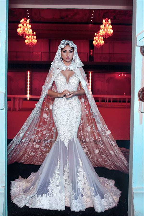Modern V neck Long Wedding Dress with See through Long Train-Ballbella