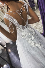 Modern V Neck Sleeveless Aline Wedding Dress Floral Lace Bridal Dress-Ballbella
