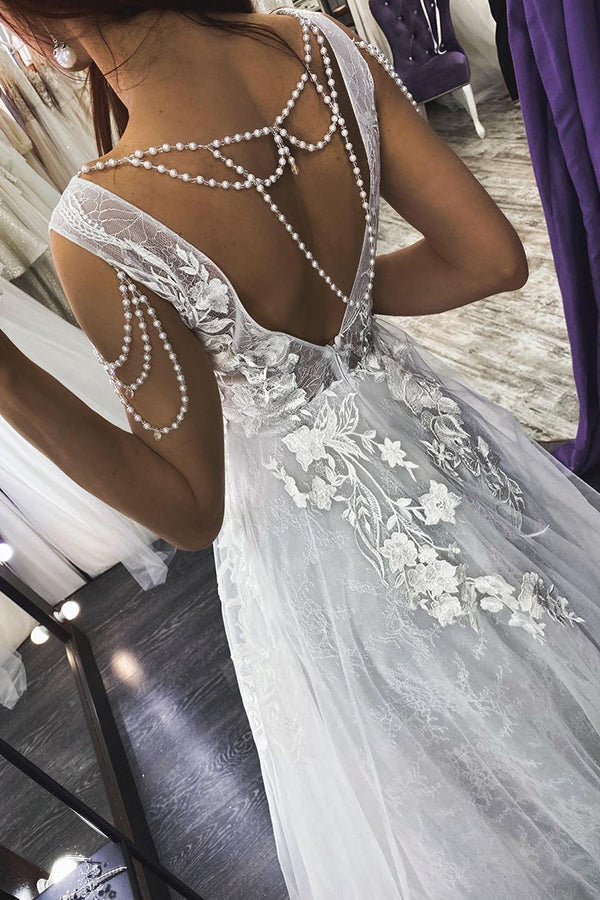 Modern V Neck Sleeveless Aline Wedding Dress Floral Lace Bridal Dress-Ballbella