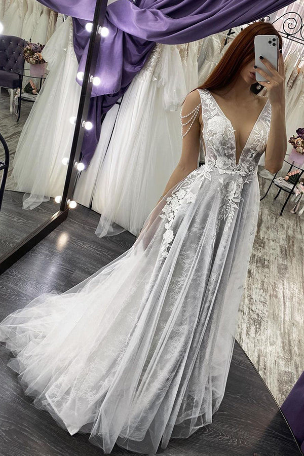Modern V Neck Sleeveless Aline Wedding Dress Floral Lace Bridal Dress-Ballbella