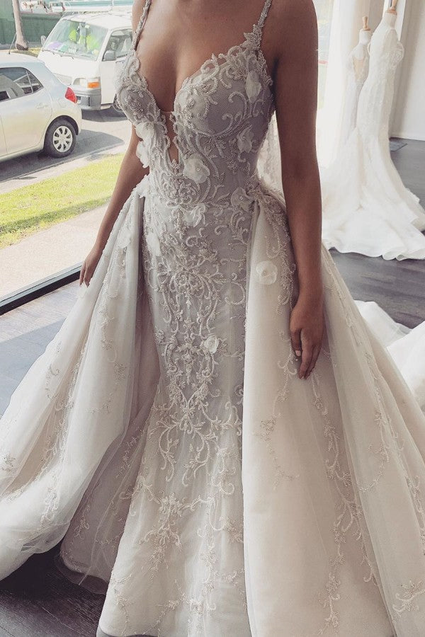 Modern V neck Sleeveless Lace Overskirt Bridal Gowns For Wedding New Arrival-Ballbella