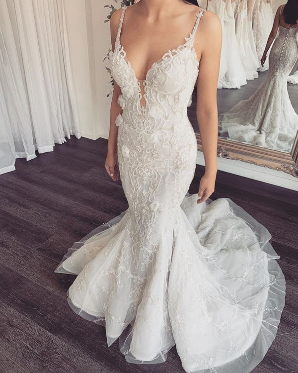 Looking for a dress in Lace, Mermaid style, and Amazing Lace work? Ballbella custom made you this Modern V-neck Sleeveless Lace Overskirt Bridal Gowns For Wedding latest.