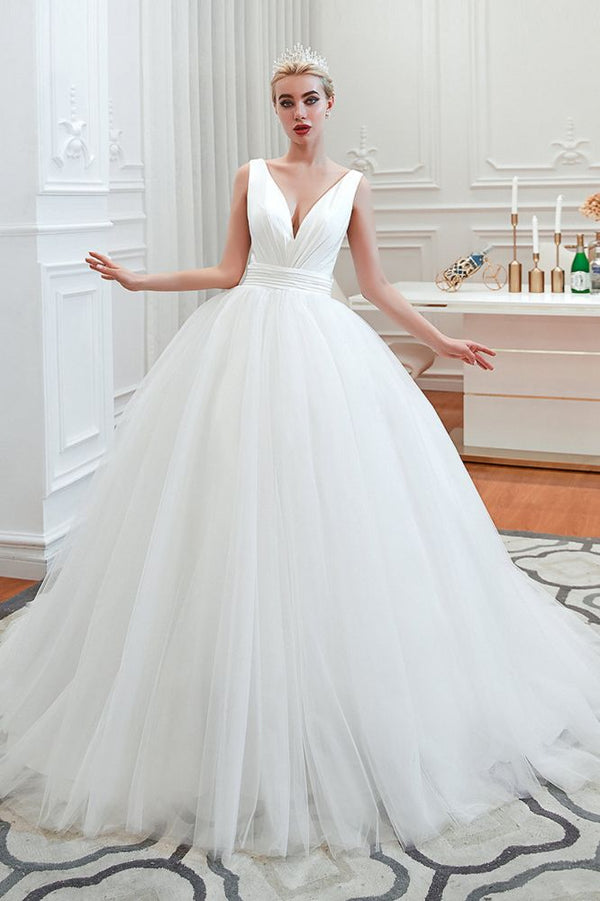 Modern V neck sleeveless White Princess Spring Wedding Dress-Ballbella