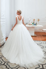 Modern V neck sleeveless White Princess Spring Wedding Dress-Ballbella