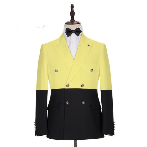 Modern Yellow Designer Slim Fit Double Breasted Prom Outfits for Guys-Ballbella