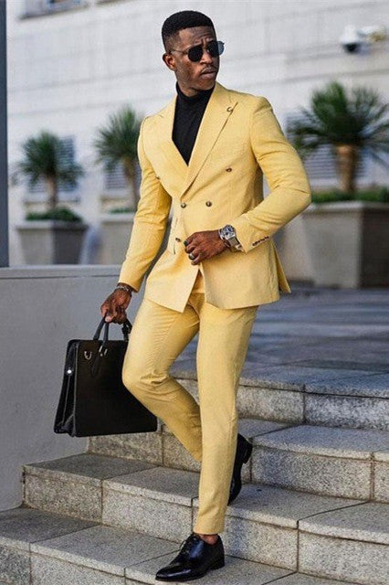 Modern Yellow Double Breasted Peaked Lapel Men's Prom Suits-Ballbella