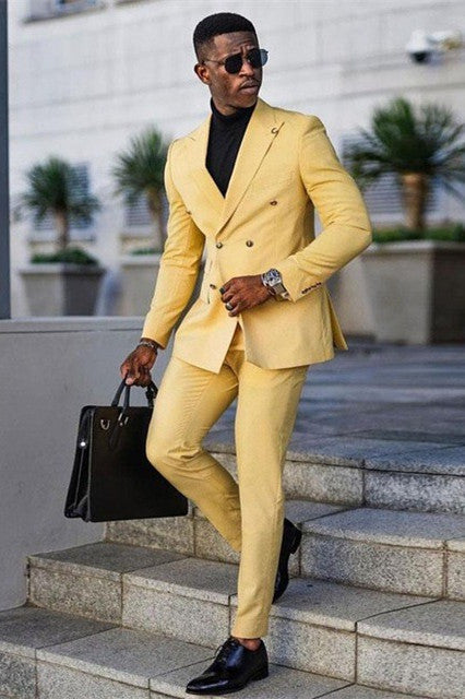Modern Yellow Double Breasted Peaked Lapel Men's Prom Suits