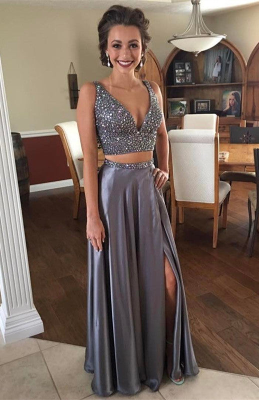 Buy high quality discount Modest Crystals V-neck Two Piece Front Split Evening Gown from  Ballbella. Shipping worldwide,  custom made all sizes &colors. SHOP NOW.