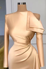 Modest Long sleeves Ruched Mermaid Prom dresses with Cool shoudler-Ballbella