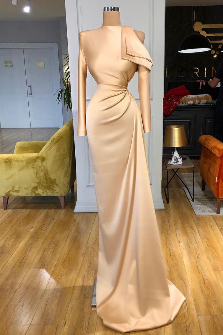 Modest Long sleeves Ruched Mermaid Prom dresses with Cool shoudler-Ballbella