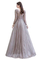 Modest Long Sleevess V-neck Princess Prom Party Gowns-Ballbella