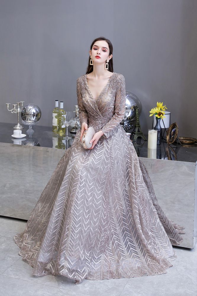 Modest Long Sleevess V-neck Princess Prom Party Gowns-Ballbella