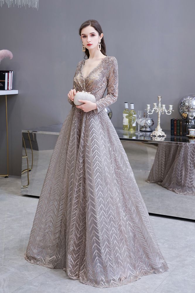 Modest Long Sleevess V-neck Princess Prom Party Gowns-Ballbella