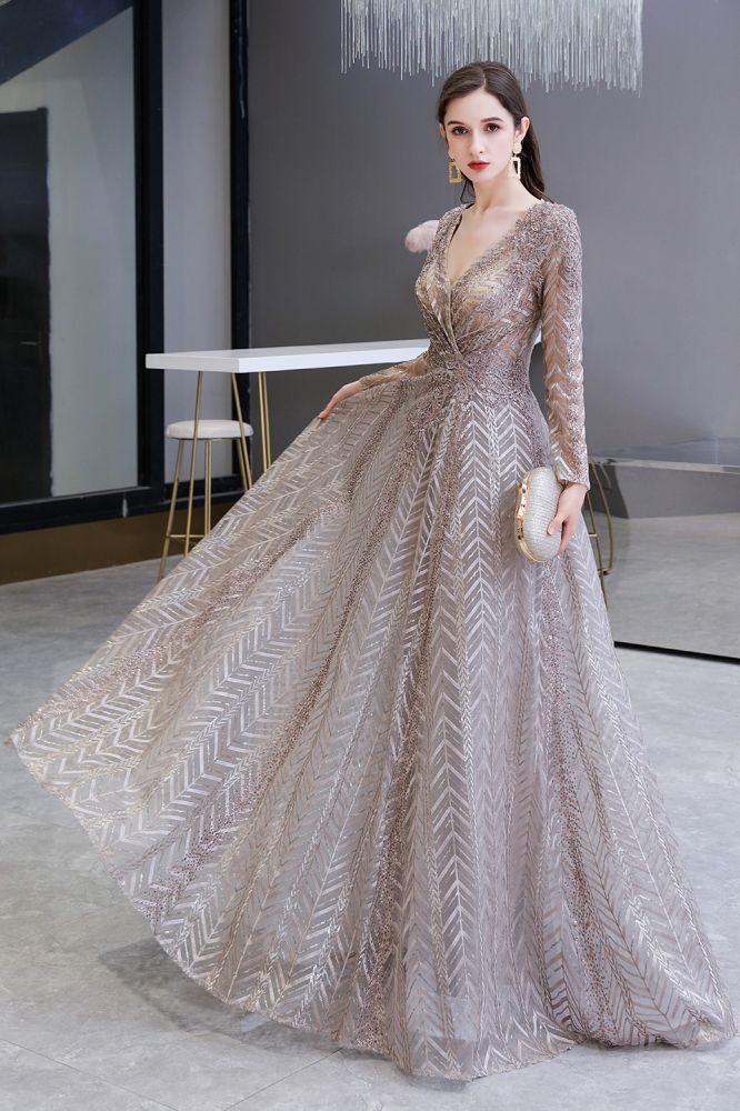Modest Long Sleevess V-neck Princess Prom Party Gowns-Ballbella