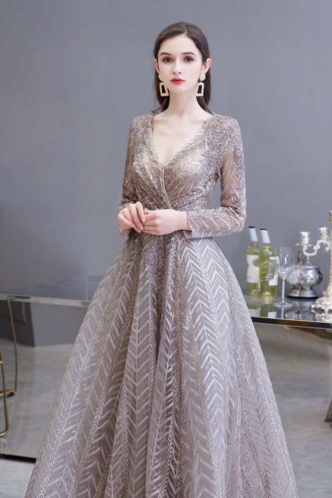 Modest Long Sleevess V-neck Princess Prom Party Gowns-Ballbella
