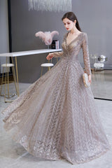 Modest Long Sleevess V-neck Princess Prom Party Gowns-Ballbella
