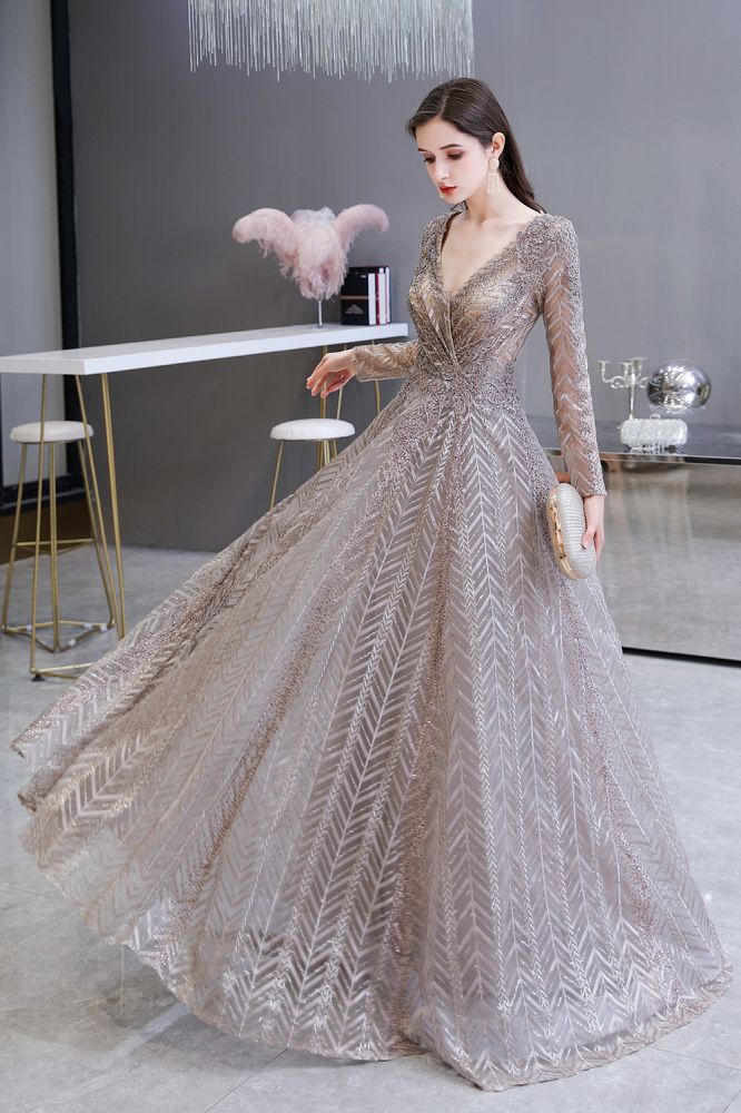 Modest Long Sleevess V-neck Princess Prom Party Gowns-Ballbella