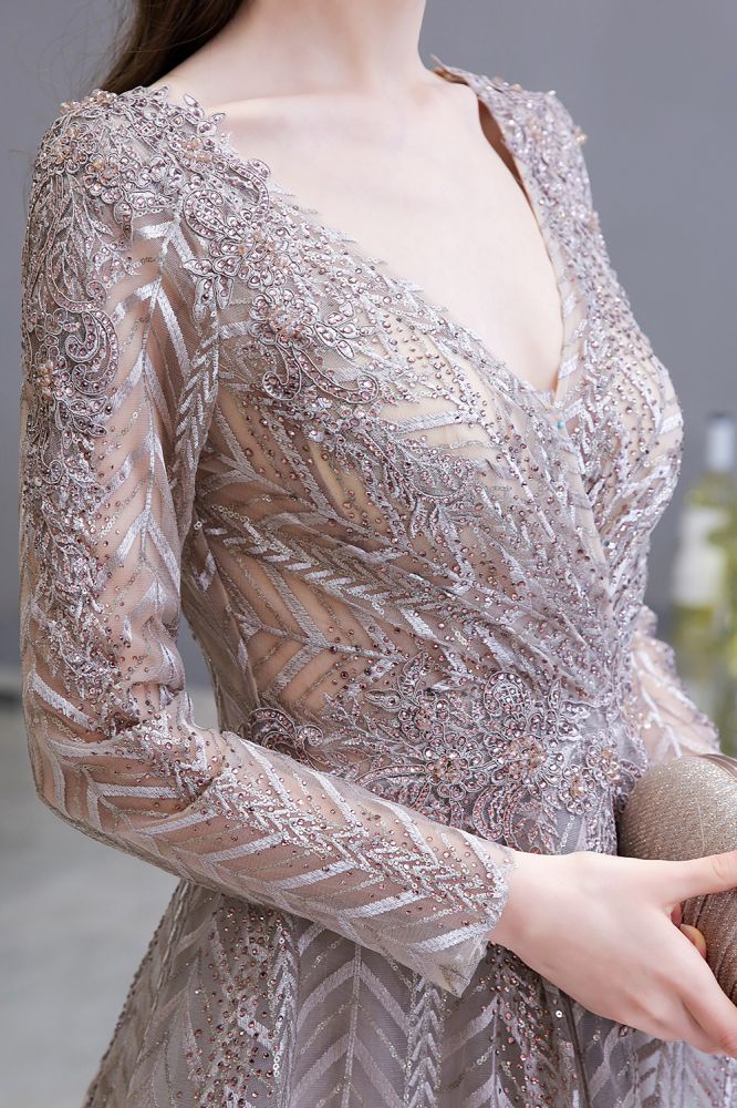 Modest Long Sleevess V-neck Princess Prom Party Gowns-Ballbella