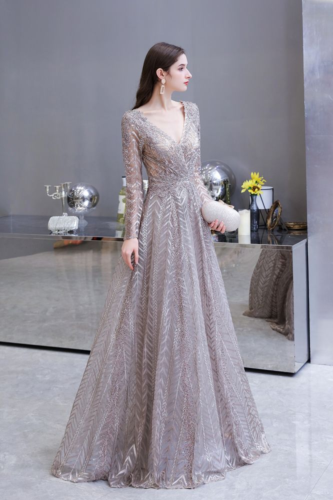 Modest Long Sleevess V-neck Princess Prom Party Gowns-Ballbella