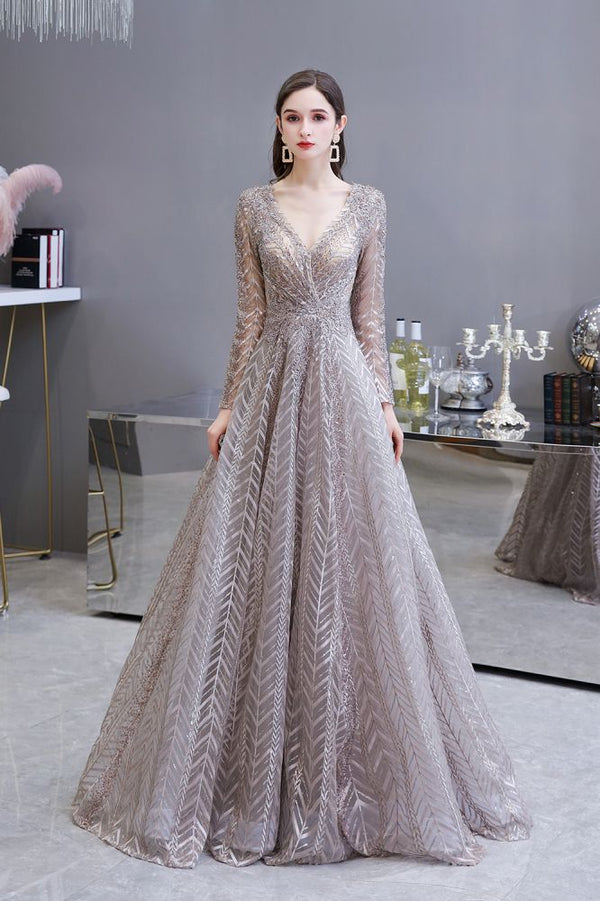 Modest Long Sleevess V-neck Princess Prom Party Gowns Modest Long Sleevess V-neck Princess Prom Party Gowns