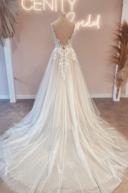 Modest Long V-Neck Sleeveless Lace Backless Wedding Dresses Online-Ballbella