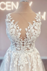 Modest Long V-Neck Sleeveless Lace Backless Wedding Dresses Online-Ballbella