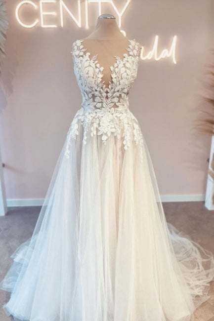 Modest Long V-Neck Sleeveless Lace Backless Wedding Dresses Online-Ballbella