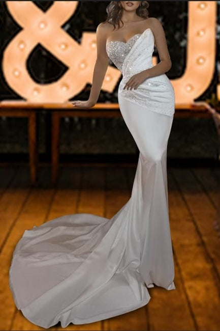 Modest Strapless Mermaid Sequined Sleeveless Wedding Dresses Online-Ballbella