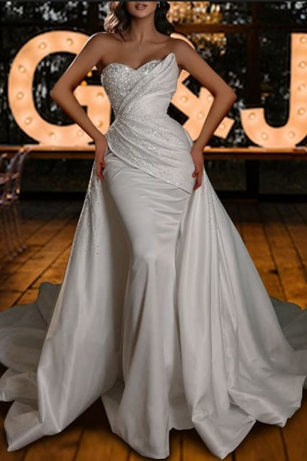 Modest Strapless Mermaid Sequined Sleeveless Wedding Dresses Online-Ballbella