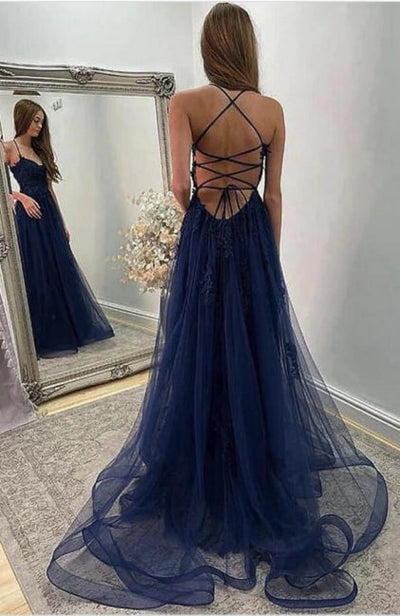 Navy Blue Halter Front Slit Spaghetti Straps A-Line Tulle Prom Dress Navy Blue Halter Front Slit Spaghetti Straps A-Line Tulle Prom Dress