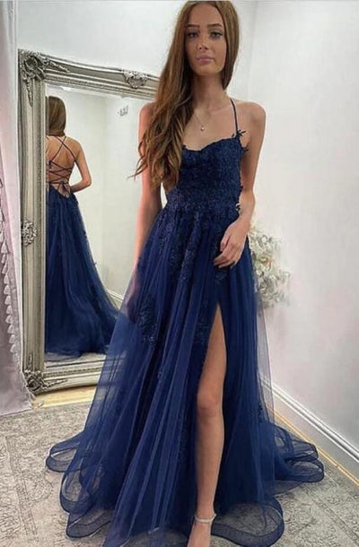 Navy Blue Halter Front Slit Spaghetti Straps A-Line Tulle Prom Dress Navy Blue Halter Front Slit Spaghetti Straps A-Line Tulle Prom Dress