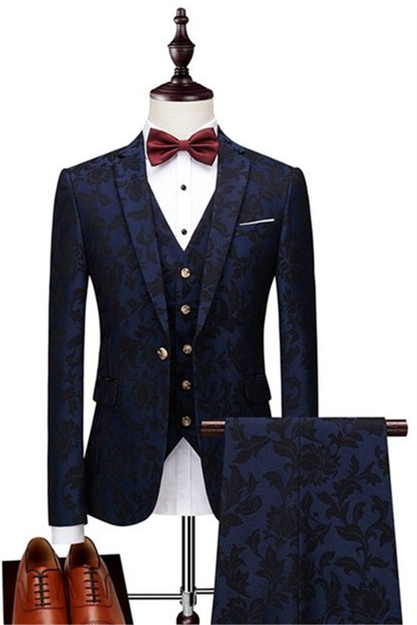 Navy Blue Jacquard Men's Prom Suits High Quality Classic Tuxedo with Three Pieces-Ballbella