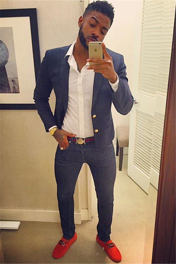 Navy Blue Peaked Lapel Prom Suit for Men Two Buttons Men Suit Online-Ballbella