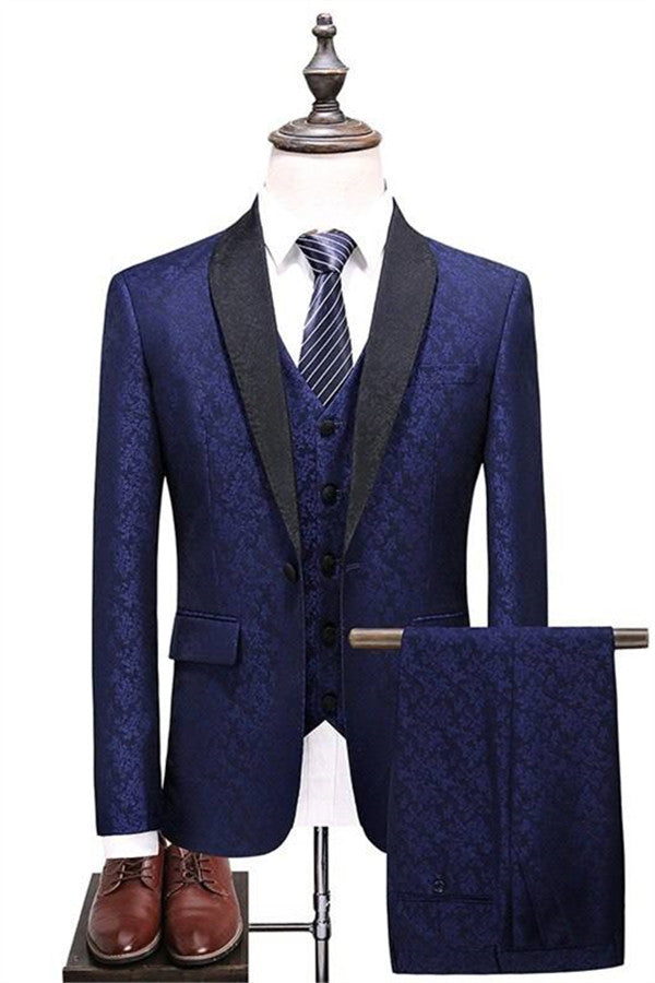 Navy Blue Shawl Lapel Prom Suits Business Tuxedo with three Pieces-Ballbella