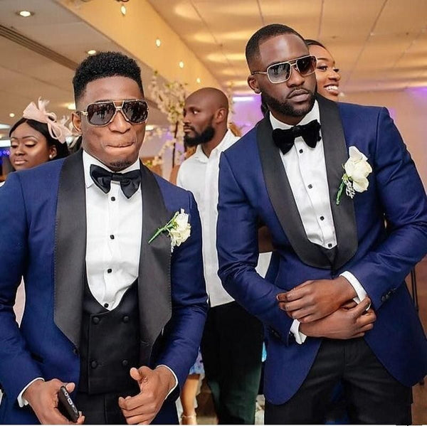 Navy Blue Three Piece Wedding Groomsmen Suit with Black Shawl Lapel-Ballbella