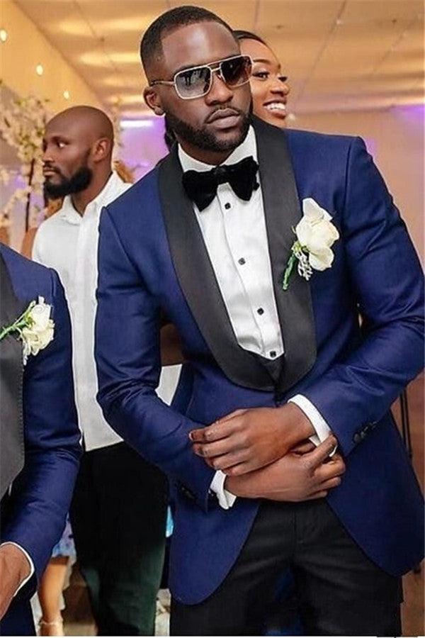 Navy Blue Three Piece Wedding Groomsmen Suit with Black Shawl Lapel-Ballbella