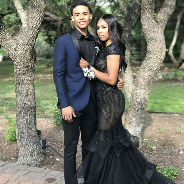 Navy Blue Two-Piece Slim Fit Prom Mens Suits with Black Silk Lapel-Ballbella