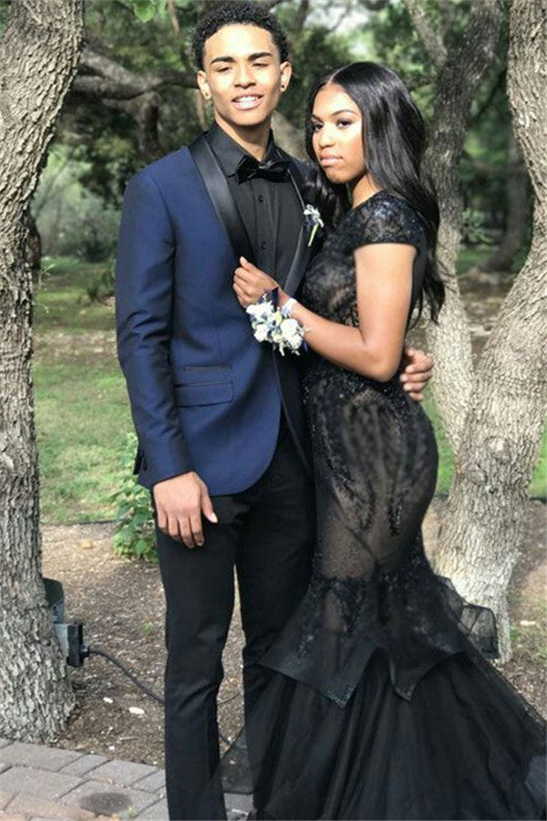 Navy Blue Two-Piece Slim Fit Prom Mens Suits with Black Silk Lapel-Ballbella