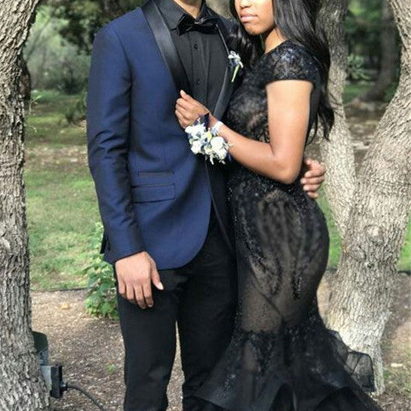 navy suit and black dress Navy Blue Two-Piece Slim Fit Prom Mens Suits with Black Silk Lapel