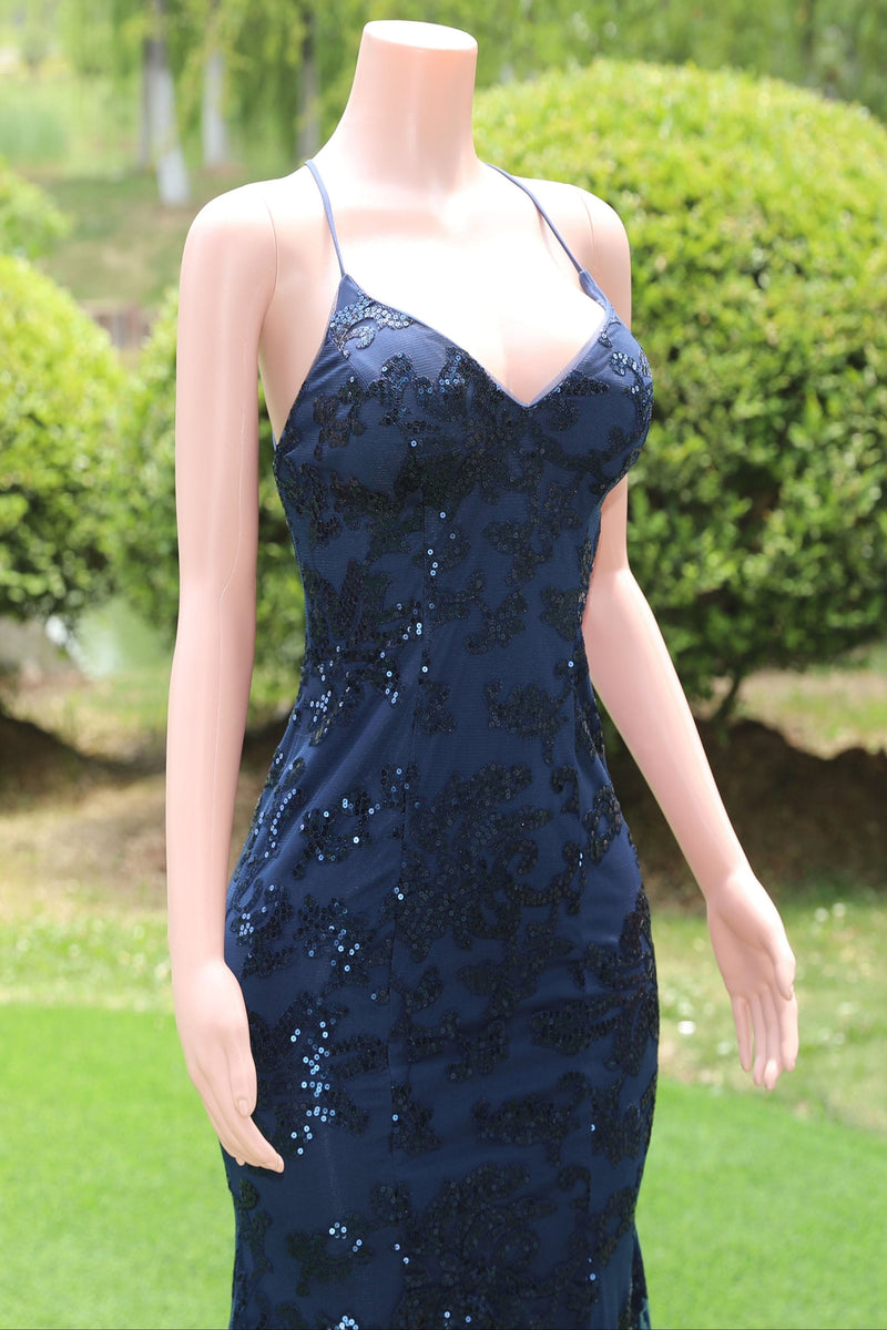 Navy Blue V-neck Mermaid Tulle High Split Prom Dresses-Ballbella