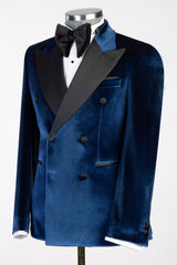 Navy Blue Velvet Black Satin Peaked Lapel Wedding Suit-Ballbella