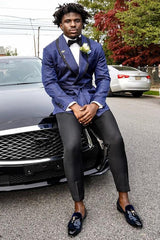 Navy Jacquard Shawl Lapel Prom Suit with Black Pants-Ballbella