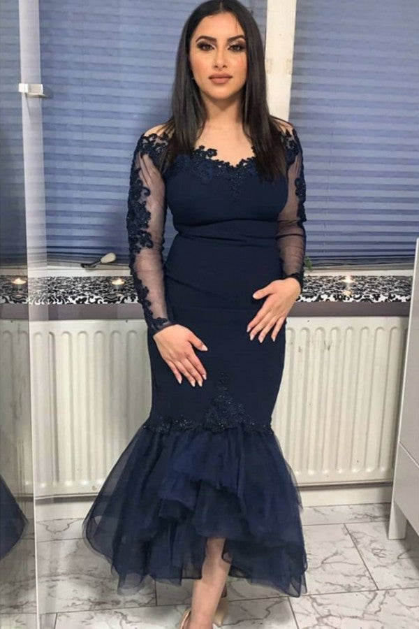 Looking for Prom Dresses, Evening Dresses, Homecoming Dresses in Satin,  Mermaid style,  and Gorgeous Lace, Beading work? Ballbella has all covered on this elegant Navy Long Sleeve Mermaid Evening Dress Floor Length .