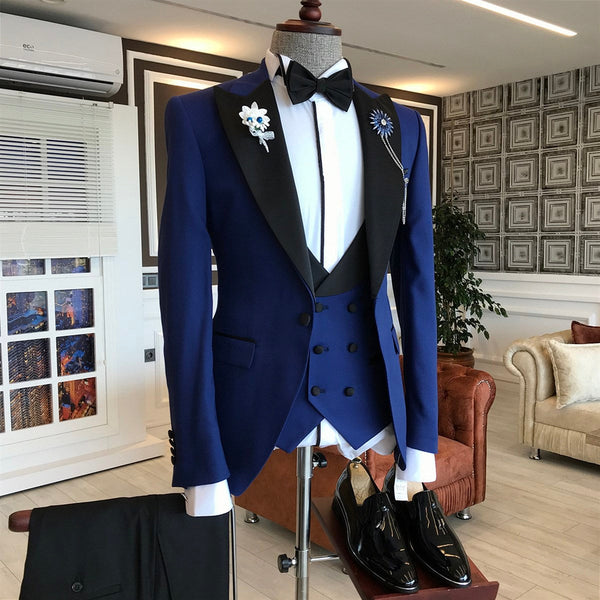 New Arrival Dark Blue Designer Bespoke Peaked Lapel Men Suits-Ballbella