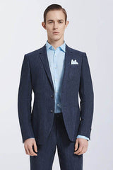 New Arrival Dark Navy Mens Casual Suits Stripes Patch Pockets Daily Men's Suits-Ballbella